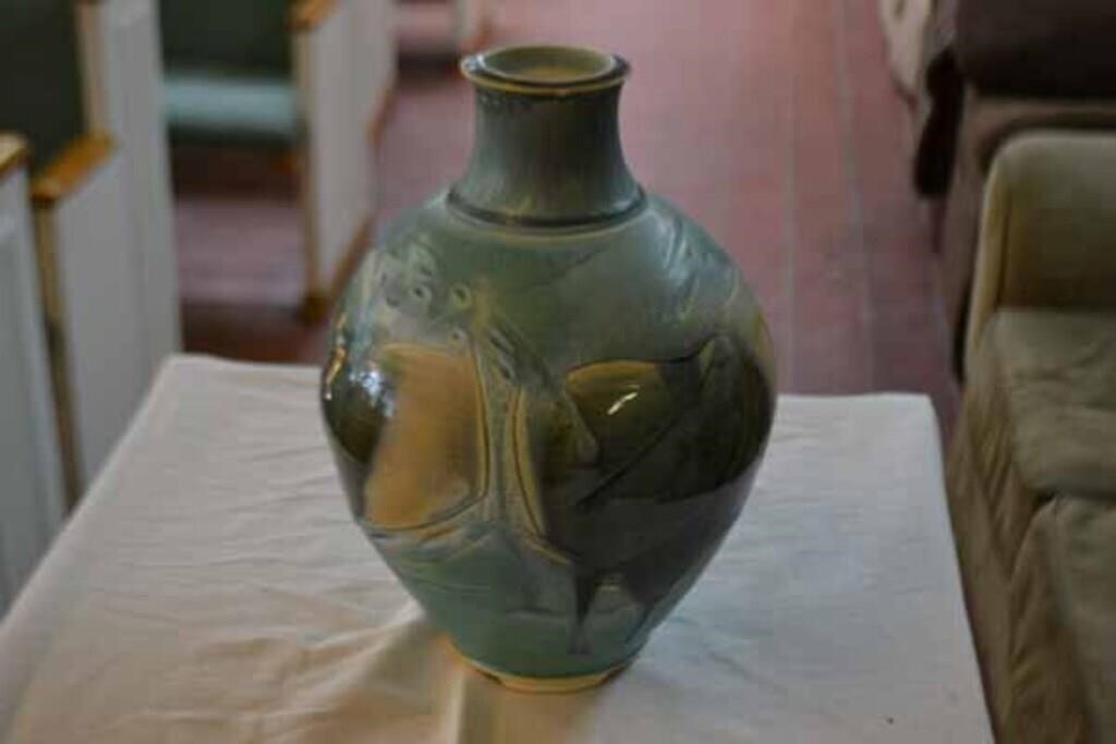 Oil Glazed Windows Pottery Vase Celadon Signed MV
