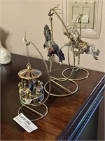Three cloisonné carousel horse ornaments