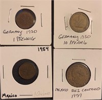 Four 1950s coins Two Germany & Two Mexico