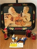 Vintage 1981 Coke Tray, 3 Candy & 2 Wood Ornaments