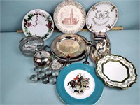 Silver plate, napkin holders, collectors plates