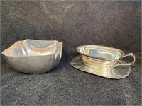 Silver Gravy Boat & Tray, Oval Tray & Square Bowl