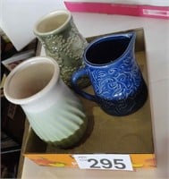 (1) Blue Pitcher / (2) Ceramic Vases