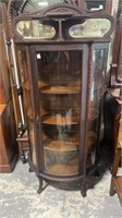 Oak Curved Glass China Cabinet w/ Mirrored Top