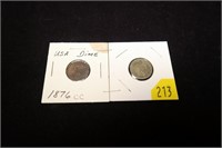 1866 U.S. 3-cent nickel and 1876-CC dime