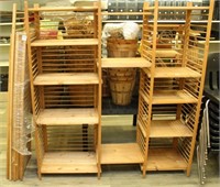 pine board shelving with dowel rod uprights,