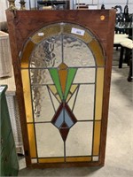 WOOD FRAMED STAINED GLASS WINDOW