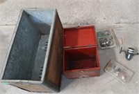 Fishing Reels, Small Tackle box, 2 Wooden Boxes