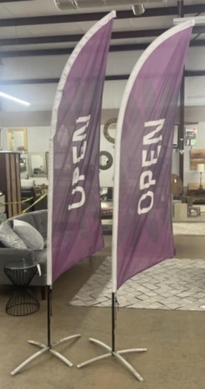 Purple and White Open Flags with Stand