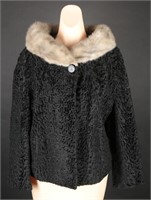 1950's Black Curly Lambs Wool Coat, Mink Collar