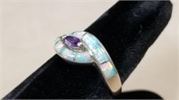 Opal Channel Set Stone Ring w/Center Amethyst