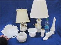 8 milk glass items: lamps -fenton shoe -vases -