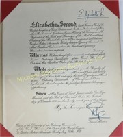 QUEEN ELIZABETH II ROYAL DOCUMENT OF APPOINTMENT