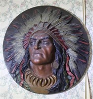 large round plague w/ Native American chief in