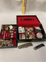 Box of pins, cuff links, tie clips and 2 knives