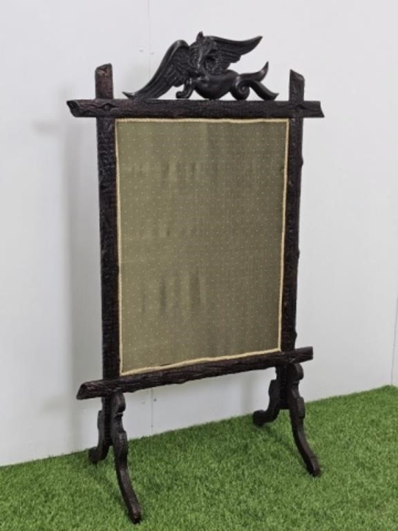 ANTIQUE FIRESCREEN WITH HAND CARVED GRIFFIN