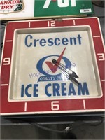 Crescent Ice Cream clock, 18" across by 17" tall