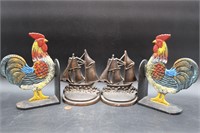 4 Rooster & Nautical Ship Cast Iron Bookends