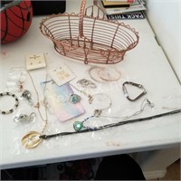 Assorted Costume Jewelry and Wire Basket
