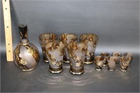 Czech Bohemian  Frosted Amber Decanter & Glasses