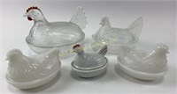 Assorted Hen on nest dishes - milk glass/frosted