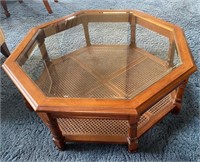Mid-Century Octagon Caned Glass Top Coffee Table