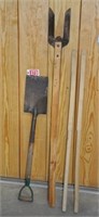 Posthole digger, flat shovel, & new handles