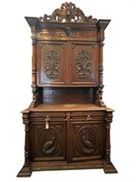 French Carved 4 Door Buffet Cabinet, Birds