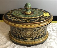 URN DECOR WITH LID; HAS PAINTED SCENE WITH LION