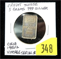 Credit Suisse .999 Fine silver bar with serial