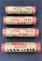 (4) ROLLS OF WHEAT PENNIES, 1909 TO 1958