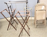 (4) FOLDING CHAIRS, (2) TRAY STANDS, CLOTHES