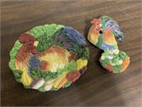 FITZ AND FLOYD ROOSTER PLATE & SPOON HOLDER