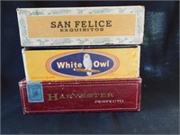 Three vintage cigar boxes: White Owl - Harvester