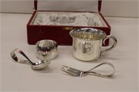 Sterling Baby's Fork, Spoon, Cup and Napkin Ring