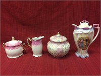 4 unmatched porcelain items Bisquet jar,luster