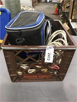 BROWN PLASTIC CRATE--MISC ROPE, SMALL COOLER