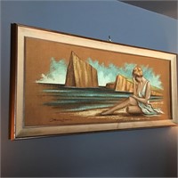 MID CENTURY PAINTING ON BURLAP SIGNED