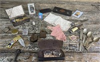 Box of misc smalls - jewelry/locks/knives/hankies