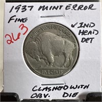 1937 BUFFALO NICKEL  CLASHED W OBV DIE