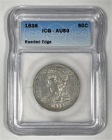 1838 Capped Bust Silver Half Reeded Edge ICG AU50
