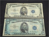 Pair of 1953 $5 Silver Certificate US paper money