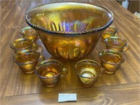 1970's Marigold Luster Carnival Glass Punch Bowl