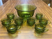 Green Glass Bowl & Cups