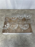 Etched glass champagne coupes glasses