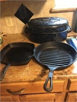 Two Cast Iron pans and roasting pan
