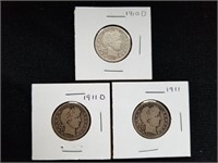 3 Barber Silver Quarters 1910 D, 1911, 1911 D