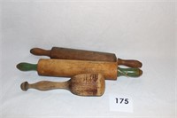 2 EARLY WOODEN ROLLING PINS & MASHER