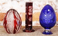 3 Pc Cut Glass, a Faberge Style Cobalt Easter Egg