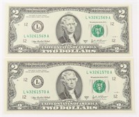 LOT OF TWO 2003 $2 BILLS SEQUENTIAL NUMBERS